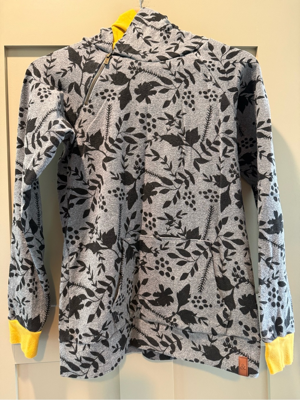 AMPERSAND AVE Gray YOUTH DoubleHoodie with Black Floral Print and Yellow Accents